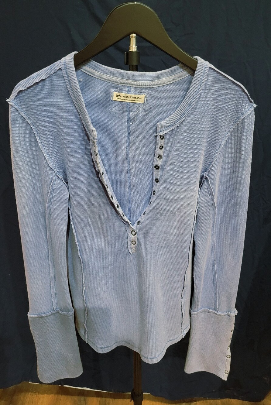 We The Free Light Blue Waffle Henley Long Sleeve Top